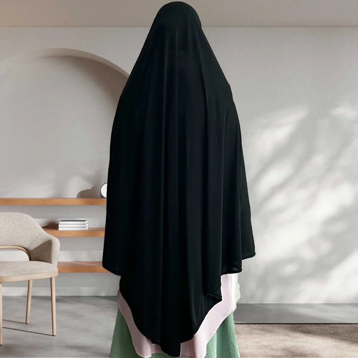 prayer hijab measures 48-in long on the front, 52-in long on the back