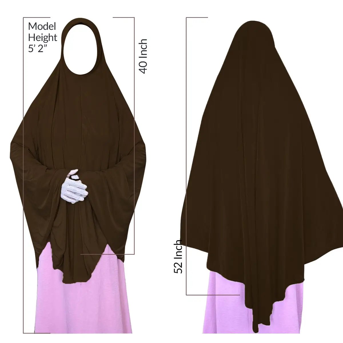 prayer hijab measures 48-in long on the front, 52-in long on the back