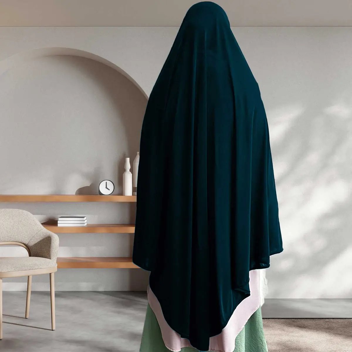 prayer hijab measures 48-in long on the front, 52-in long on the back