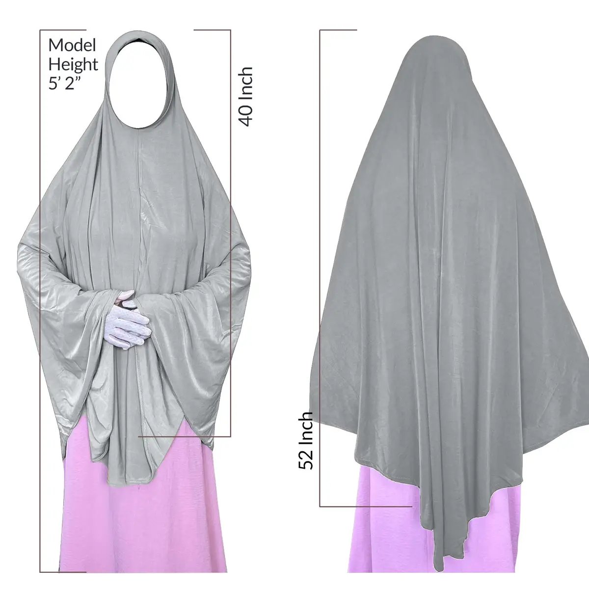 prayer hijab measures 48-in long on the front, 52-in long on the back