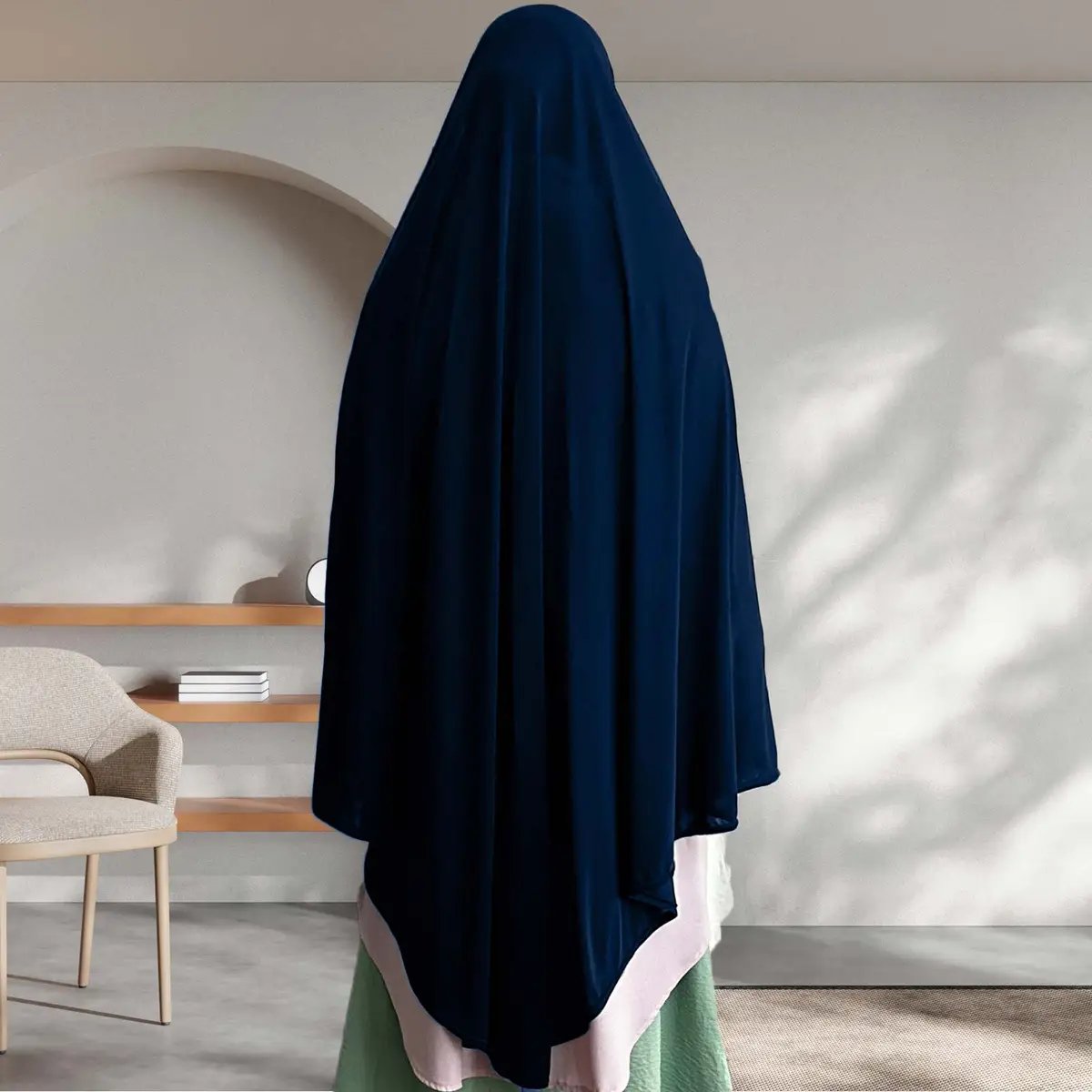 prayer hijab measures 48-in long on the front, 52-in long on the back