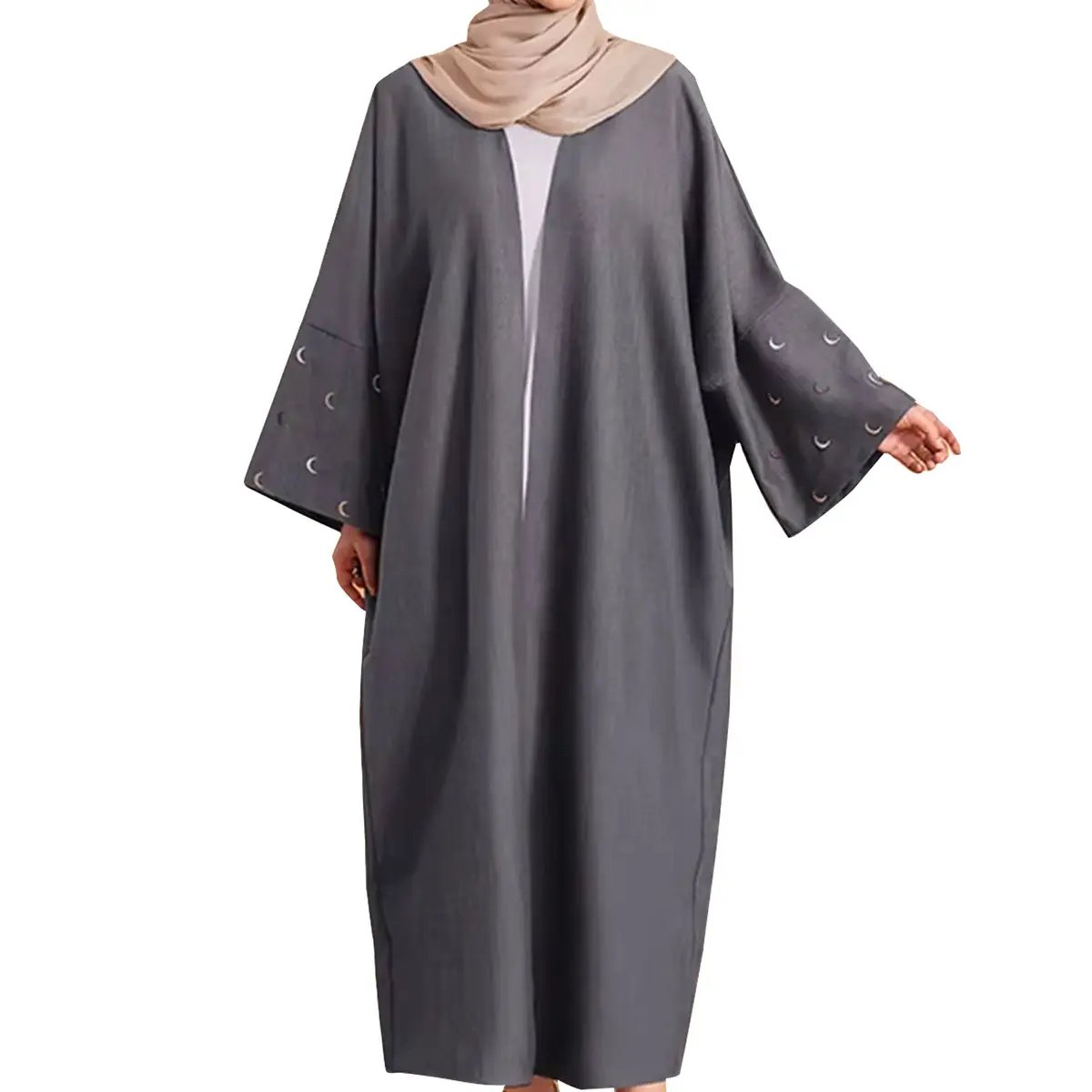 Embroidered Moon Linen Open Abaya Gray L Embroidered Moon Linen Open Abaya Gray L