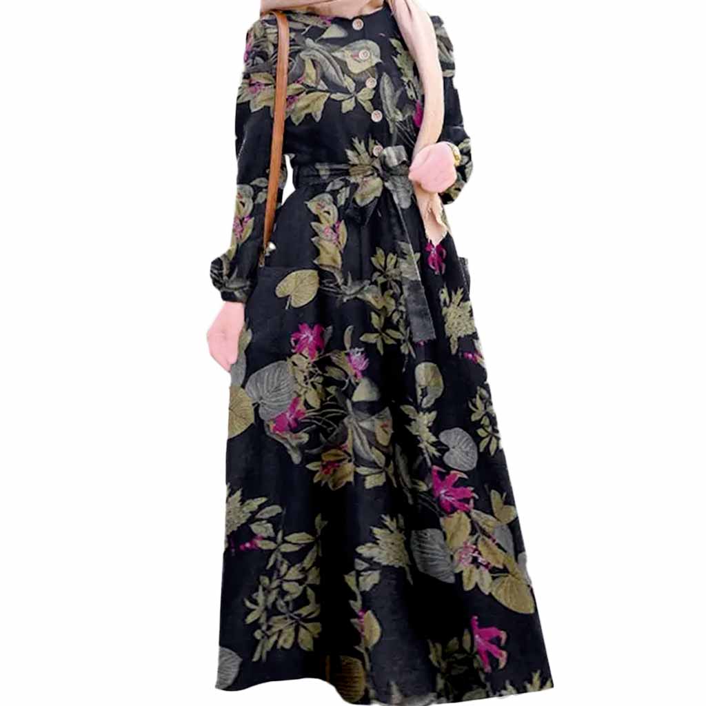 Muslim Long Dress Vintage Floral, Black L Muslim Long Dress Vintage Floral, Black L