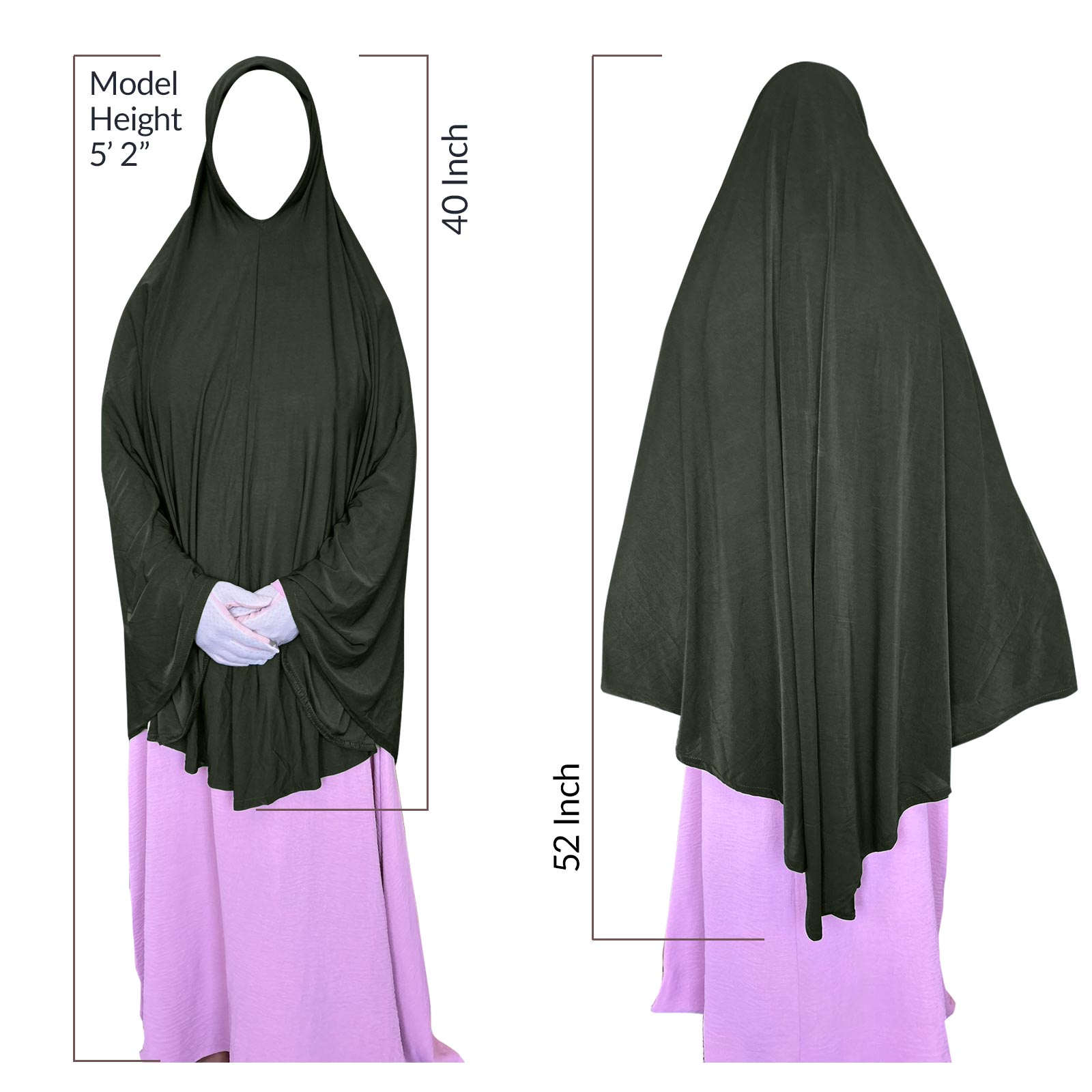 prayer hijab measures 48-in long on the front, 52-in long on the back