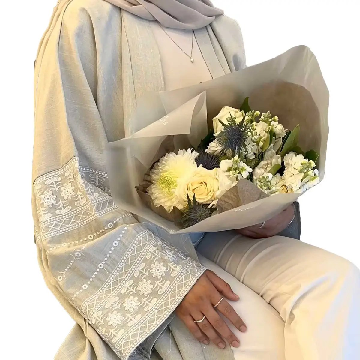 Embroidered Open Front Abaya Beige XL Embroidered Open Front Abaya Beige XL