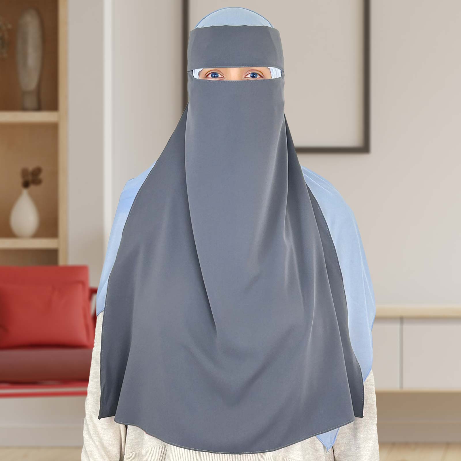 non-see-through gray niqab, perfect for traveling and events, available at Syeeds Boutique