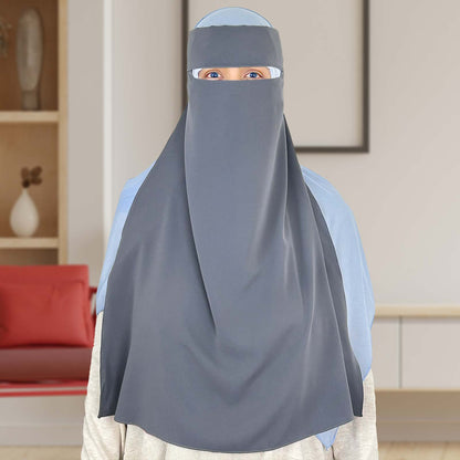 non-see-through gray niqab, perfect for traveling and events, available at Syeeds Boutique