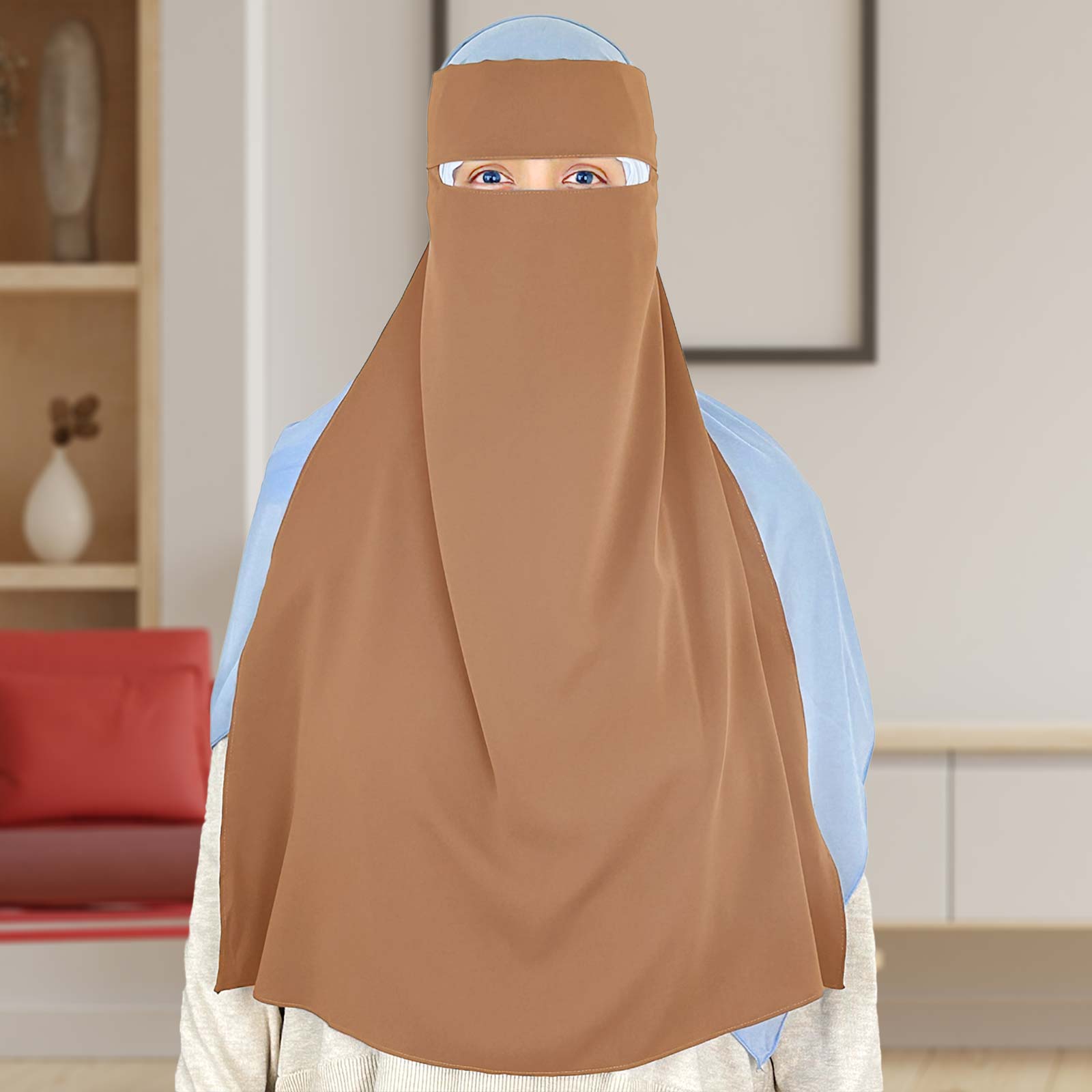 non-see-through khaki niqab, perfect for traveling and events, available at Syeeds Boutique