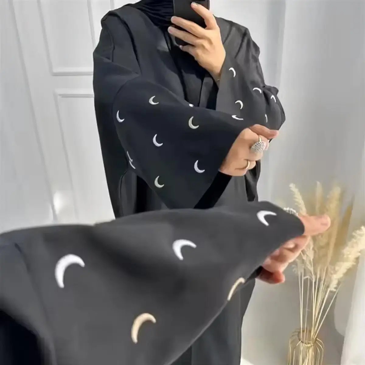 black-open-abaya-with-moon-embroidery-on-sleeves